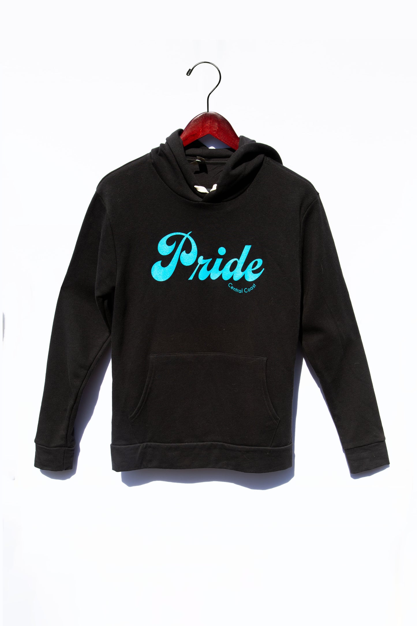 Black colored hoodie / sweater with the text "Pride" and "Central Coast" below in smaller font.