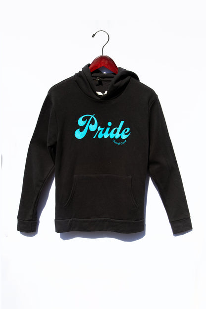 Black colored hoodie / sweater with the text "Pride" and "Central Coast" below in smaller font.