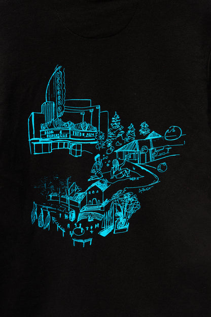 Focused image of the design for <PLACE> on the black sweater.