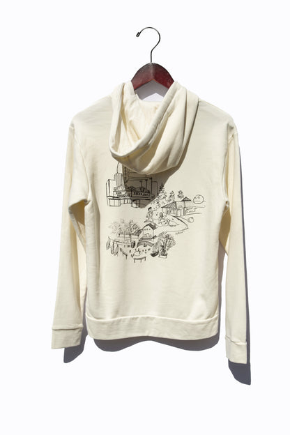 Cream colored sweater with the backside showing a design of <PLACE>.